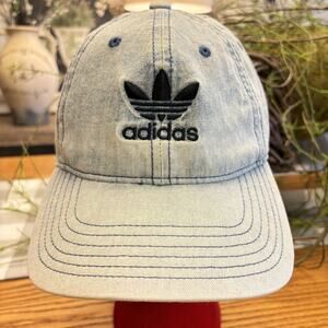ADIDAS Denim Hat Cap With Strap Back Blue Trefoil Logo Adjustable